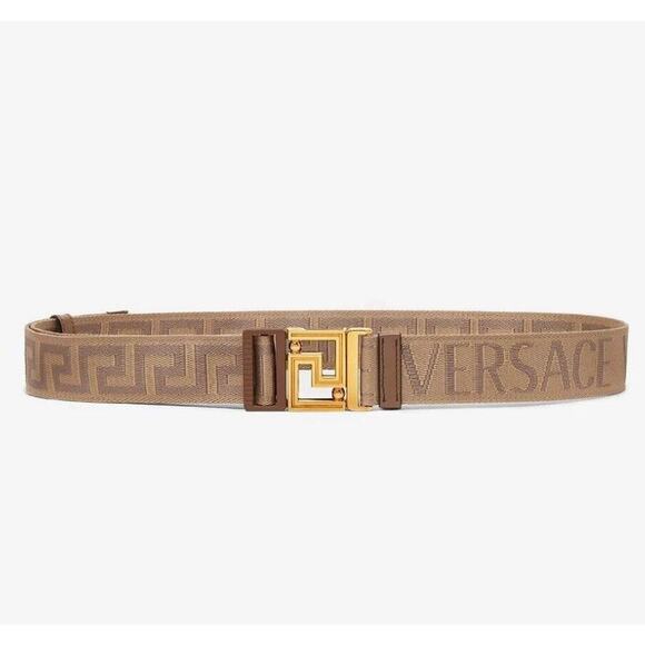 NWT Versace All-Over Logo Reversible Gold Buckle Brown Greca Ribbon Belt $425 - Picture 2 of 9